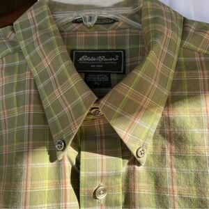 Eddie Bauer Button-down Collar Olive Green Plaid Long Sleeve Shirt Size …